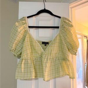 Blue Blush Lemon Plaid Puff Sleeve Blouse